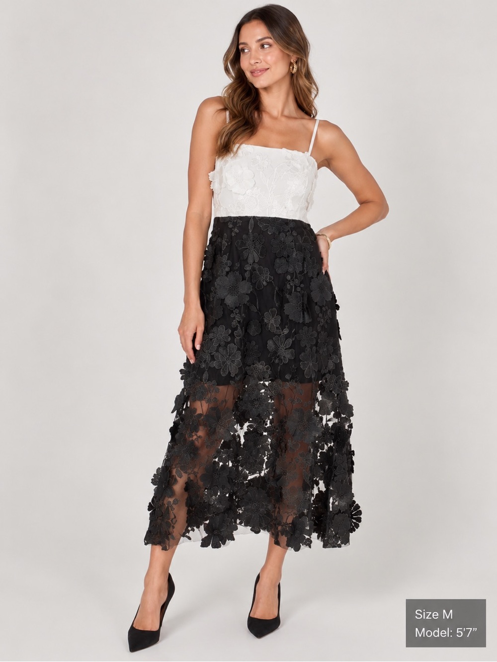 Floral colorblock White and Black Lace appliqué Midi Dress